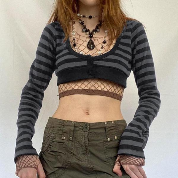 Shop Vintage Grunge Striped Cropped Tee , tops , Killer Lookz , gothic, grunge, long sleeve, outerwear, tops , Killer Lookz , killerlookz.com