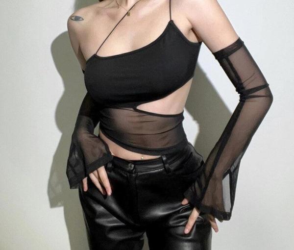 Shop Asymmetrical Cut Out Mesh Crop Top with Sleeves, Shirts & Tops, Killer Lookz, Crop tops, croptop, goth, gothic, new, top, tops, Killer Lookz, killerlookz.com