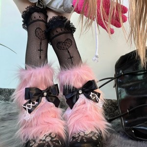 Pink faux pink bow lace fur leg warmers