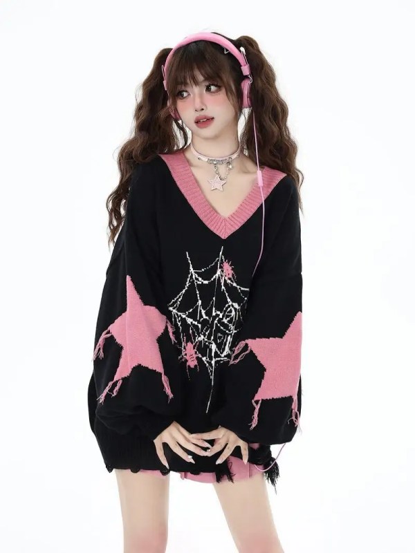 Spiderweb Distressed Oversized Knitted Sweater