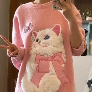 Cute Pink and white cat sweater for winter.