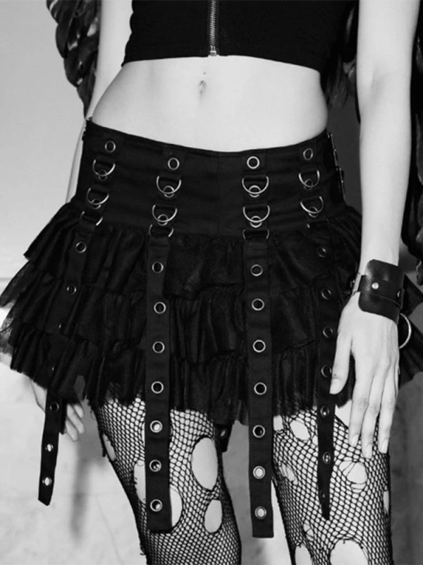 Bold Black Buckle Gothic Mini Skirt